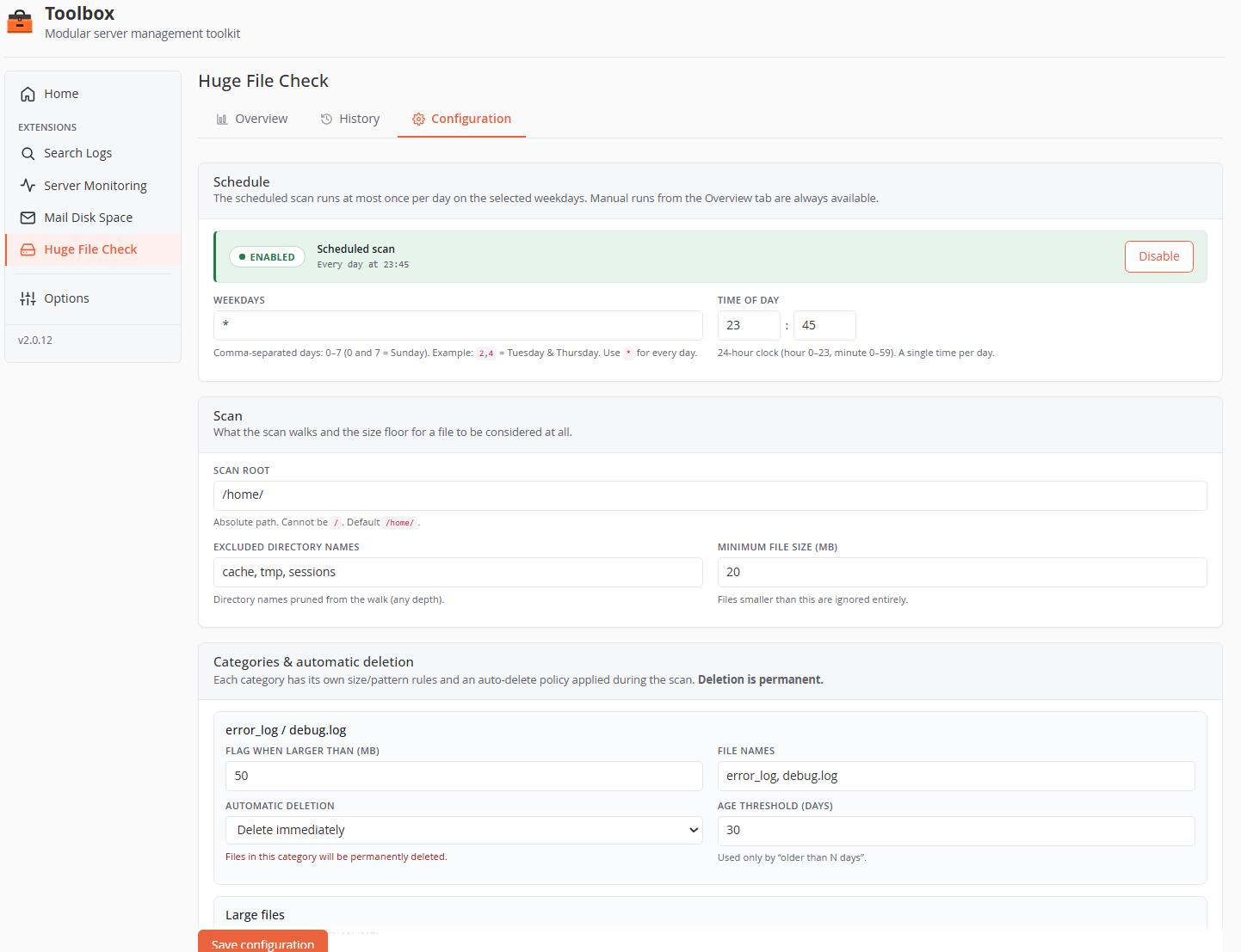 Huge File Check — Configuration