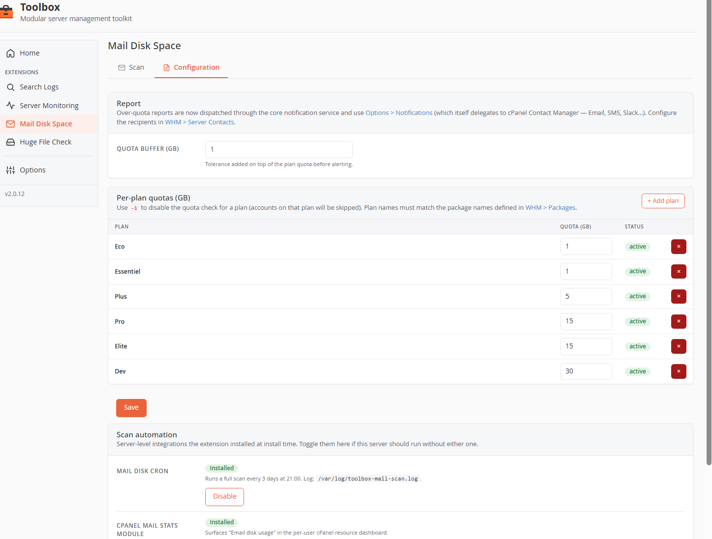 Mail Disk Space — Configuration