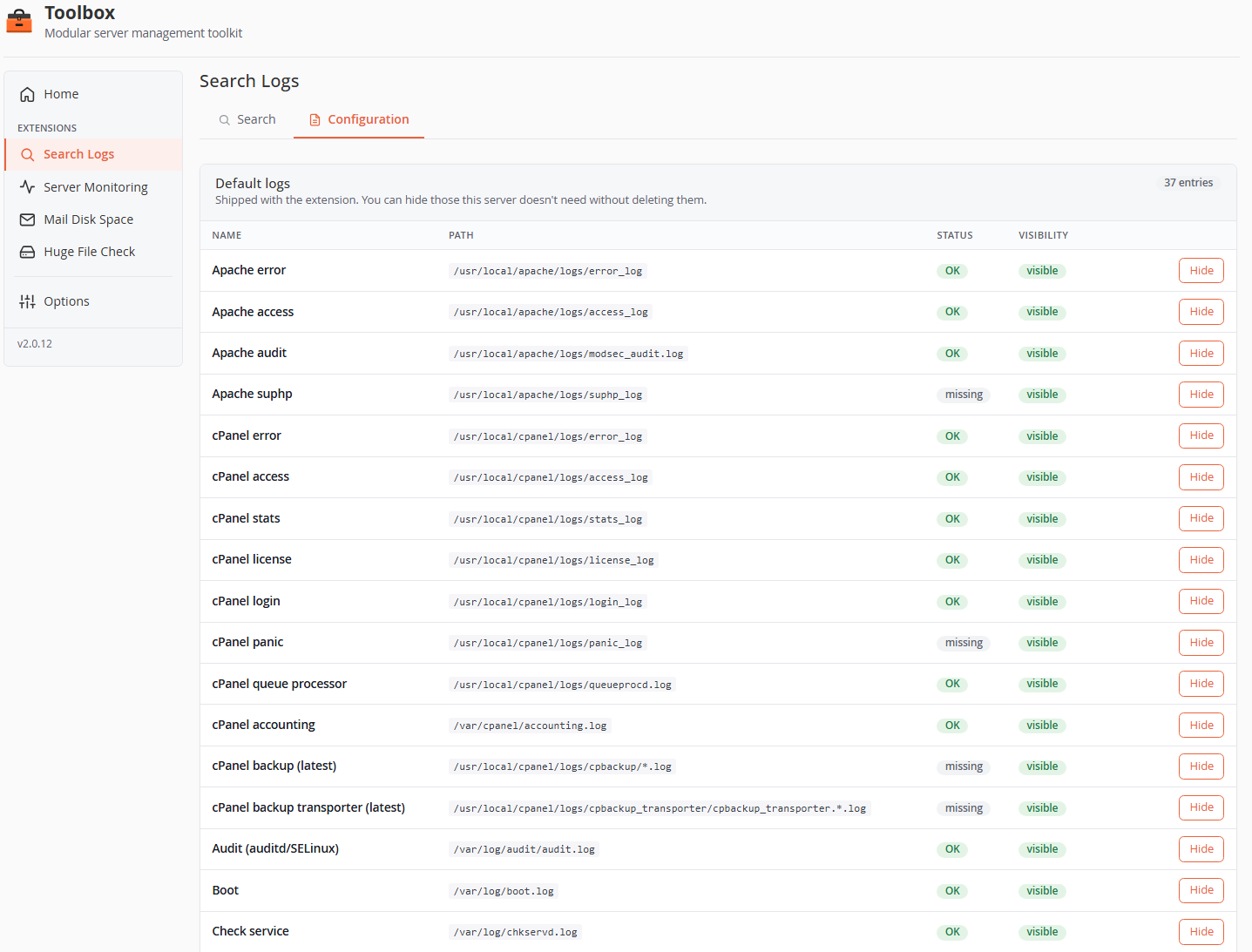 Search Logs — Configuration