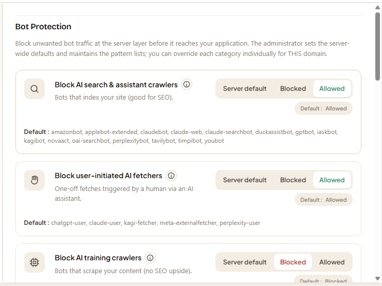 Onglet Protection des bots — 8 catégories de blocage