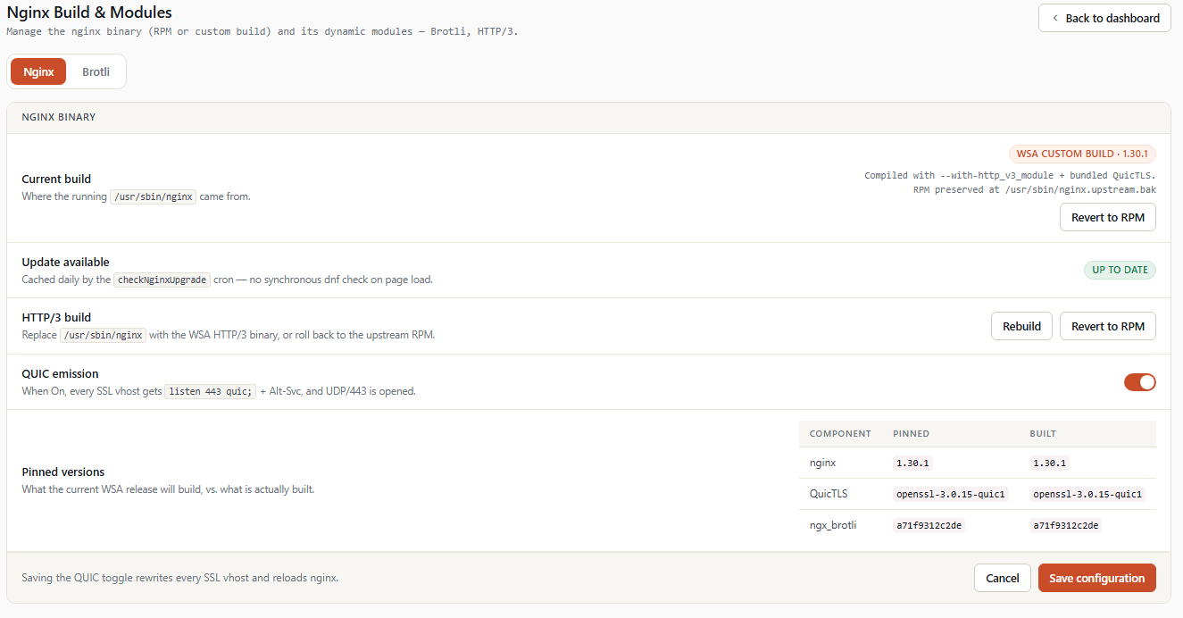 Onglet Nginx — binaire, mise à jour, build HTTP/3, QUIC, versions épinglées