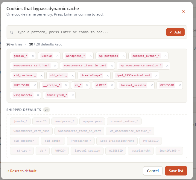 Éditeur de la liste de cookies à contourner — vue popup