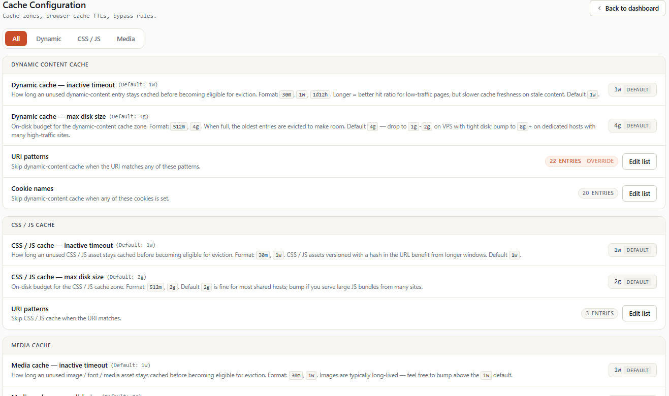 Page Configuration de la cache dans WHM