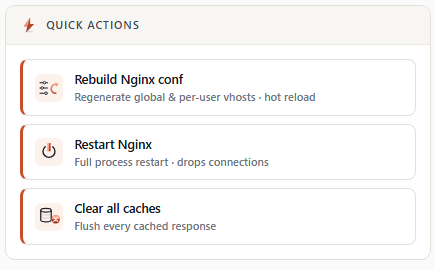 Quick actions row — Rebuild, Restart, Clear all caches
