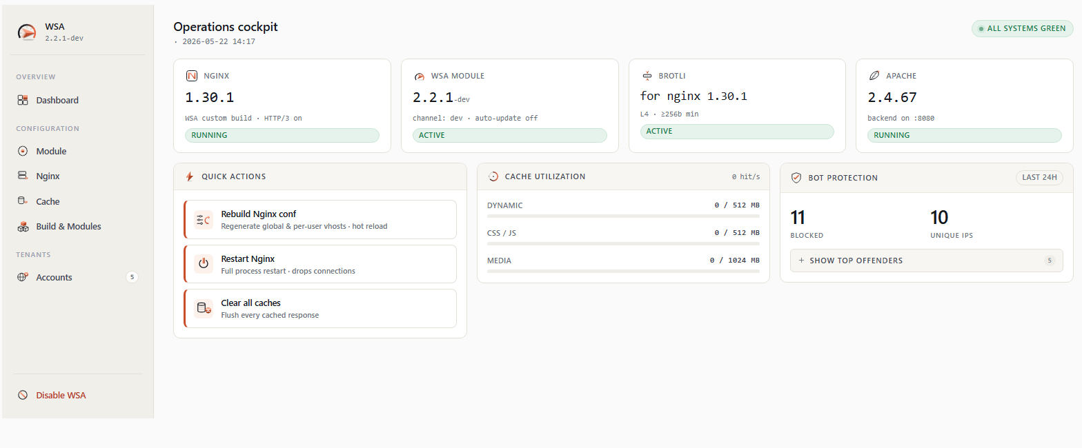 WSA dashboard in WHM — full page overview