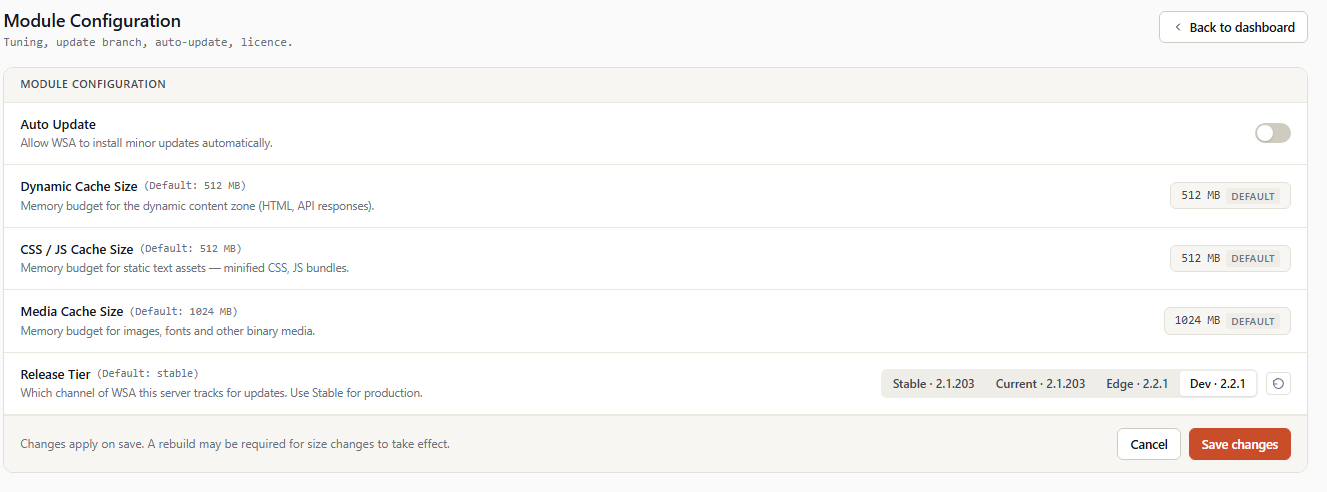 Page Configuration du module dans WHM