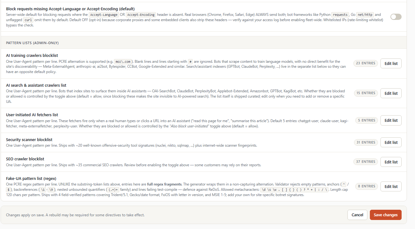 Bot Protection tab — 8 categories with toggles and editable User-Agent lists