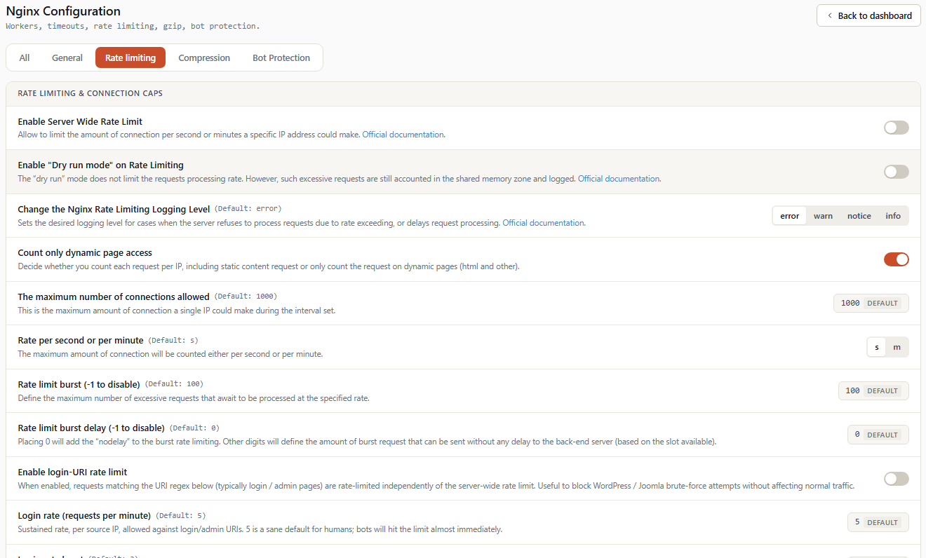 Rate limiting tab — server, login, and connection limits